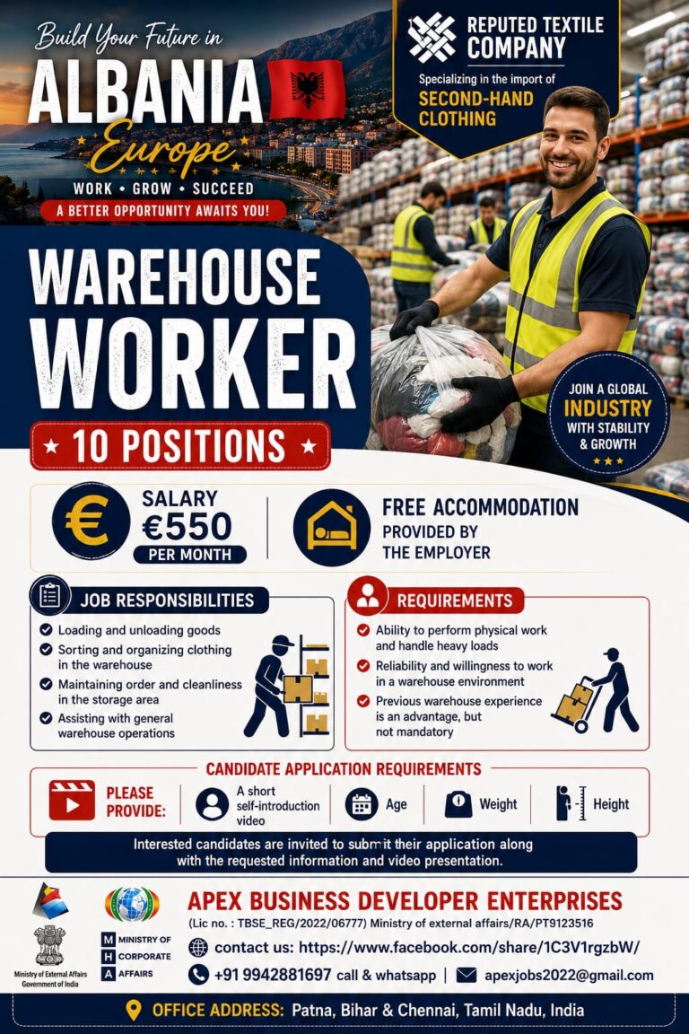 Warehouse Worker Jobs in Albania 2026 – Apply Now for 10 Vacancies | Salary €550 + Free Accommodation