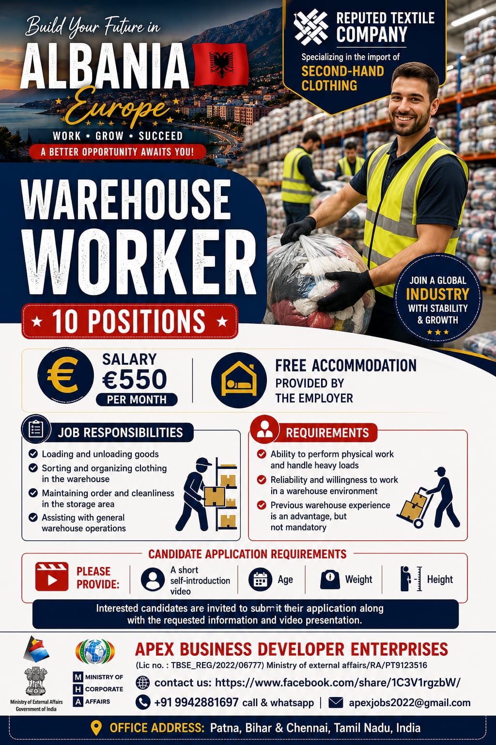 Warehouse Worker Jobs in Albania 2026 – Apply Now for 10 Vacancies | Salary €550 + Free Accommodation