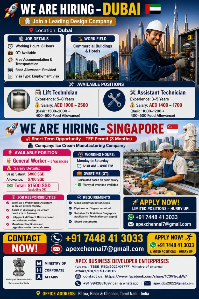 Dubai & Singapore Job Vacancies 2026 – Lift Technician, Assistant Technician & General Worker Opportunities