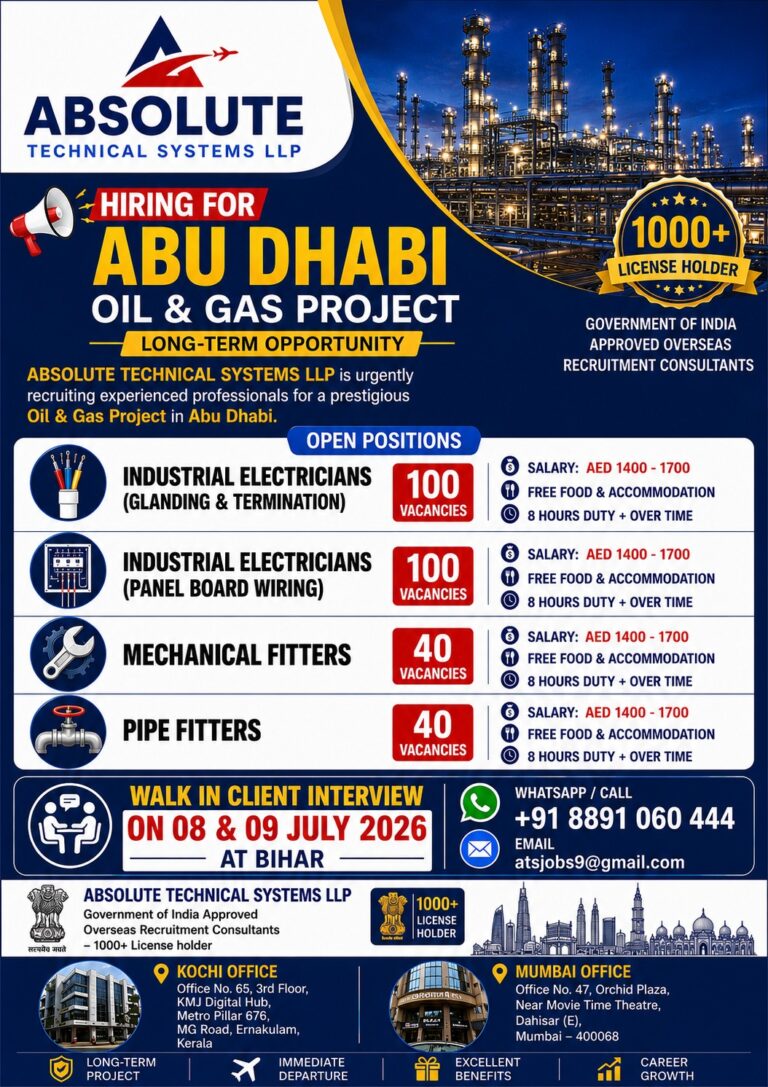Abu Dhabi Oil & Gas Project Jobs 2026 – 280 Vacancies for Electricians, Fitters | Walk-in Interview on 08 & 09 July