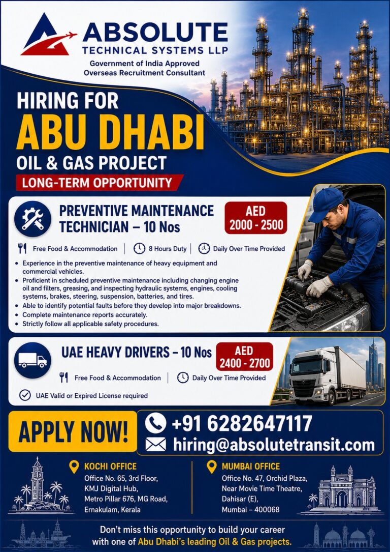 Preventive Maintenance Technician & Heavy Driver Jobs in Abu Dhabi Oil & Gas Project – Apply Now