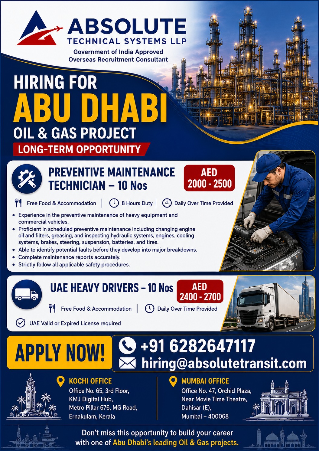 Preventive Maintenance Technician & Heavy Driver Jobs in Abu Dhabi Oil & Gas Project – Apply Now