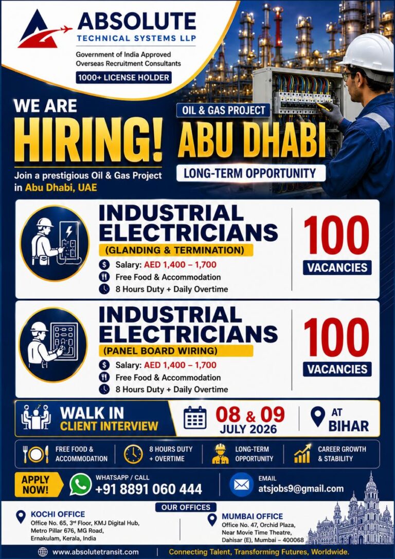 Industrial Electrician Jobs in Abu Dhabi – 200 Vacancies | Walk-In Interview on 08 & 09 July 2026