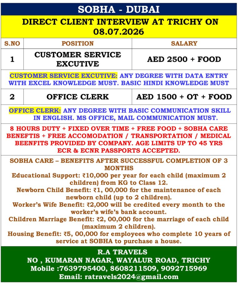SOBHA Dubai Hiring 2026 – Direct Client Interview for Customer Service Executive & Office Clerk | Trichy Interview on July 8