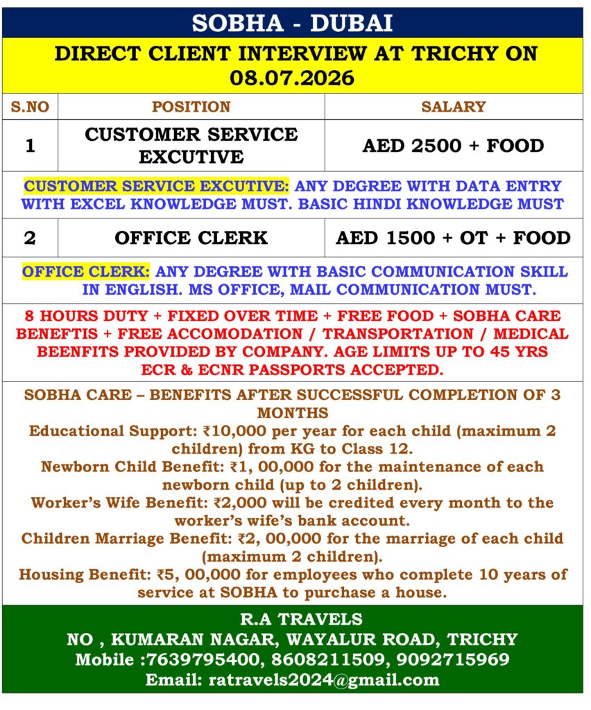 SOBHA Dubai Hiring 2026 – Direct Client Interview for Customer Service Executive & Office Clerk | Trichy Interview on July 8