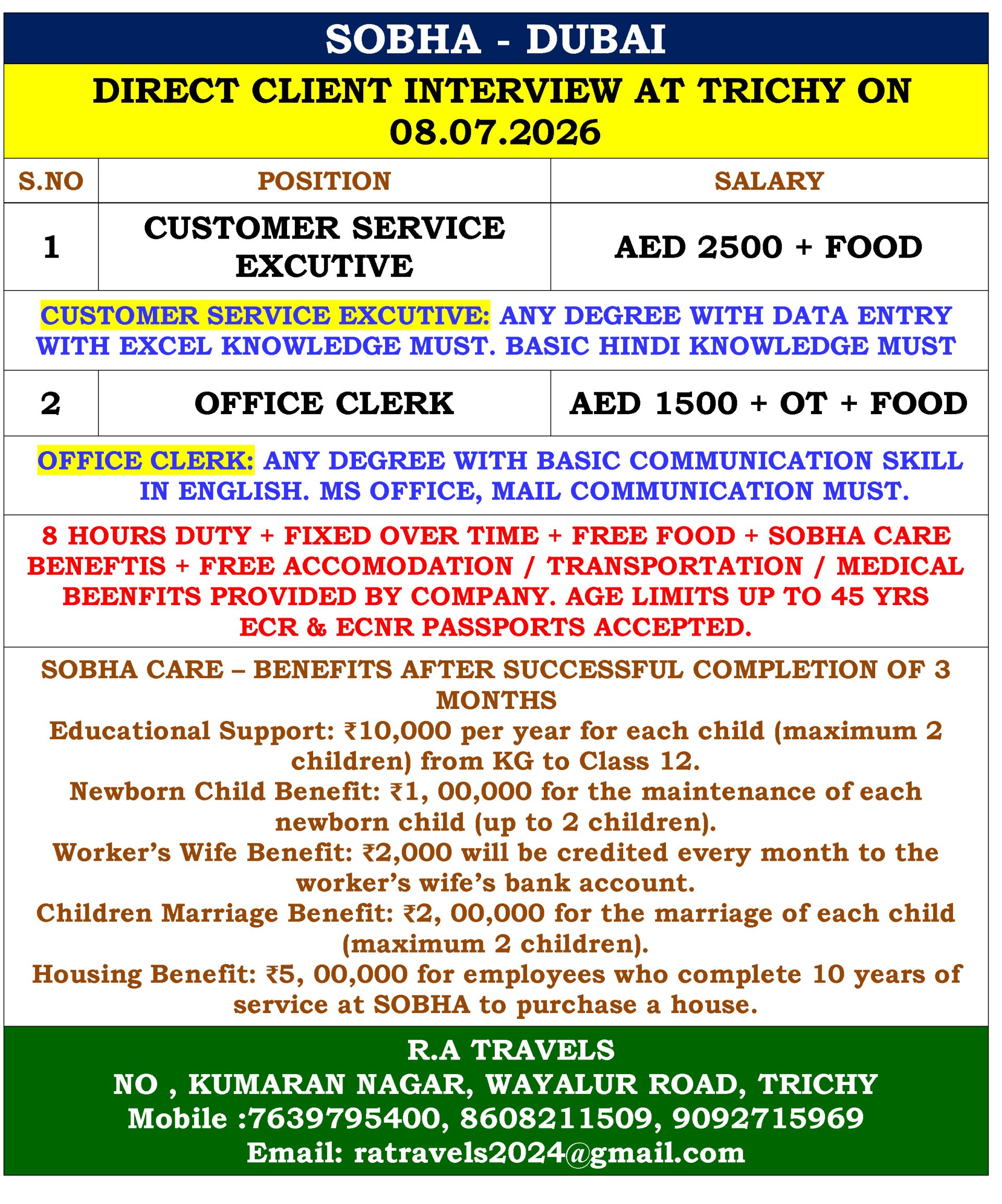 SOBHA Dubai Hiring 2026 – Direct Client Interview for Customer Service Executive & Office Clerk | Trichy Interview on July 8