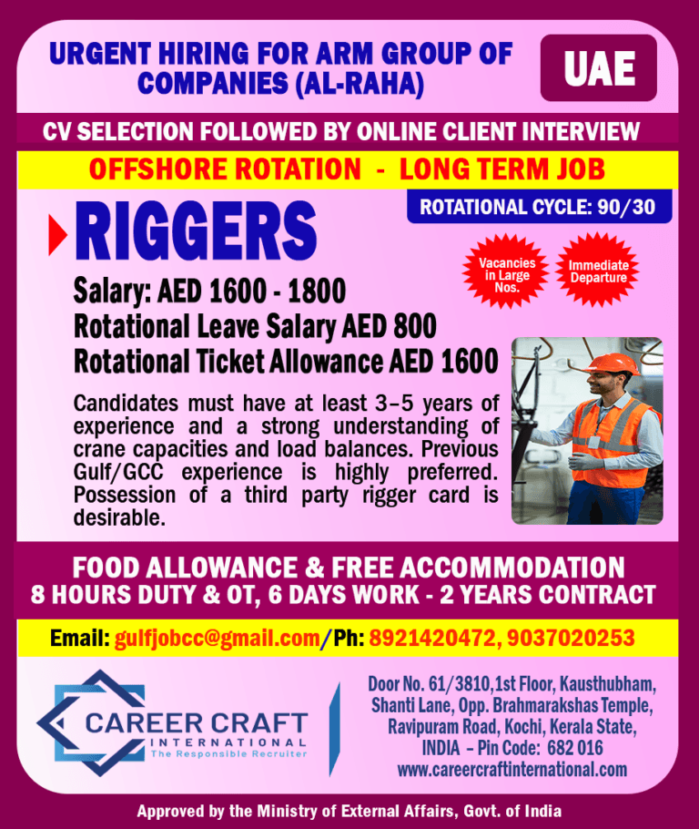 Urgent Hiring for Riggers – ARM Group of Companies (Al Raha), UAE | Offshore Rotation Jobs