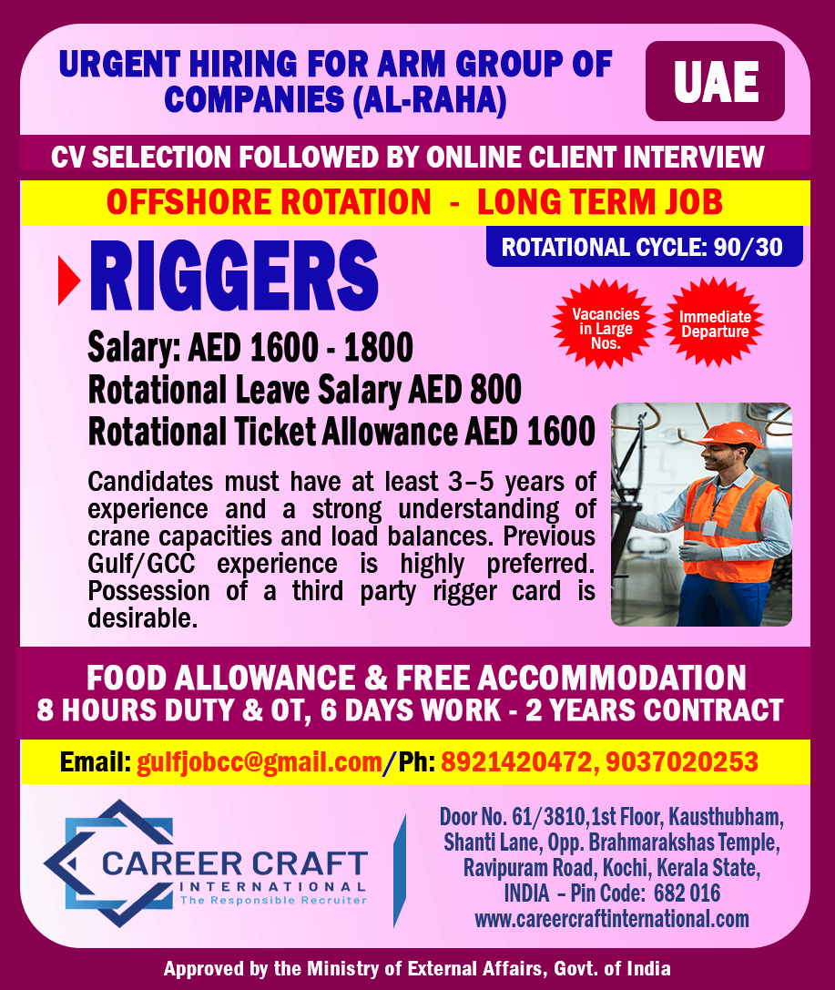 Urgent Hiring for Riggers – ARM Group of Companies (Al Raha), UAE | Offshore Rotation Jobs