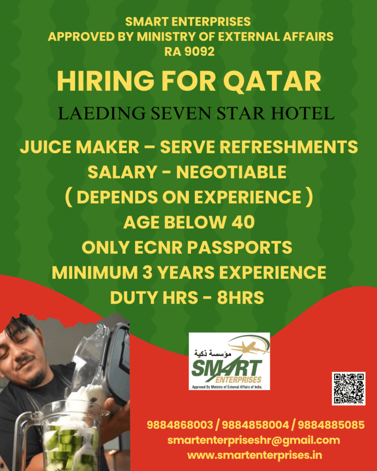Juice Maker Jobs in Qatar 2026 | Seven Star Hotel Hiring | Free Recruitment
