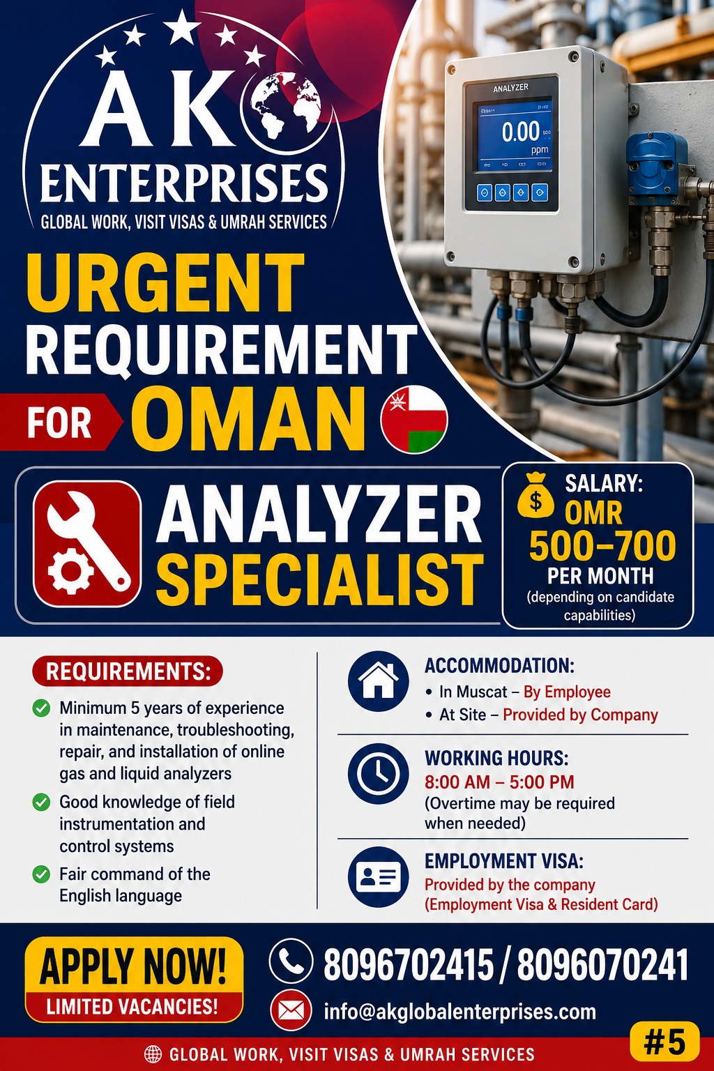 Analyzer Specialist Jobs in Oman – Urgent Recruitment | Salary OMR 500–700