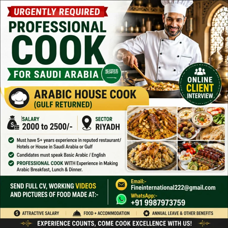 Professional Arabic House Cook Jobs in Saudi Arabia 2026 – Online Client Interview