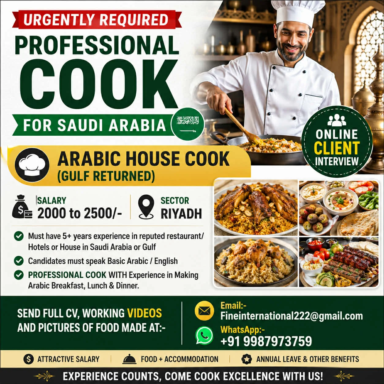 Professional Arabic House Cook Jobs in Saudi Arabia 2026 – Online Client Interview