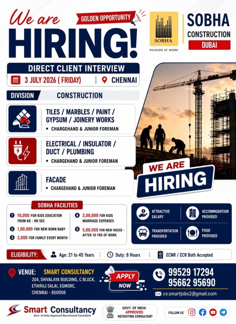 Sobha Construction Dubai Jobs 2026 – Direct Client Interview in Chennai | Apply Now