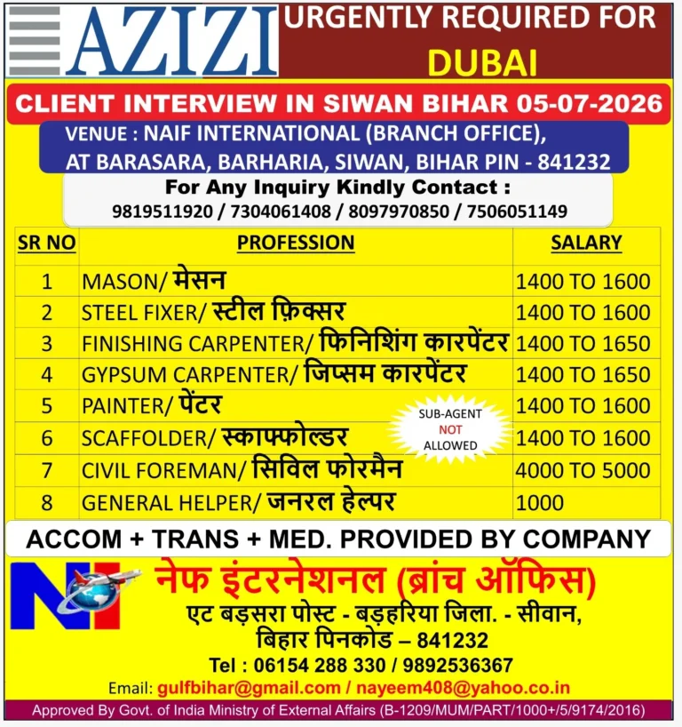 Dubai Construction Jobs 2026 – Client Interview in Siwan, Bihar | Mason, Steel Fixer, Carpenter & More