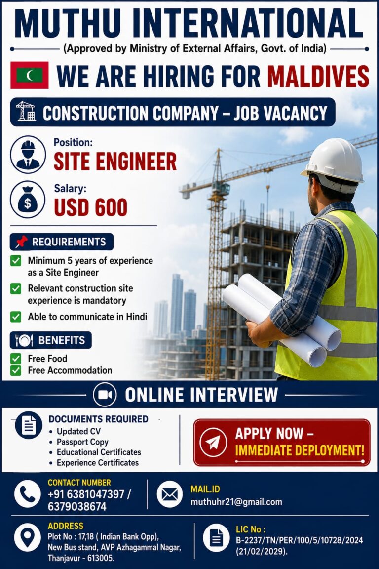 Site Engineer Jobs in Maldives – Construction Company Hiring | Online Interview | Free Food & Accommodation