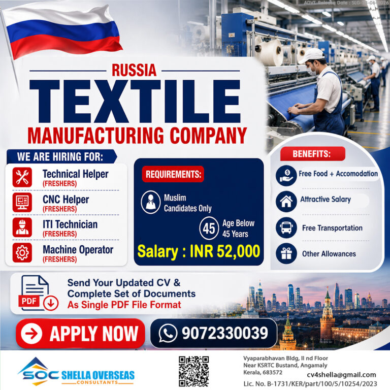 Russia Textile Manufacturing Company Jobs 2026 – Freshers Wanted | Salary ₹52,000 | Free Food & Accommodation