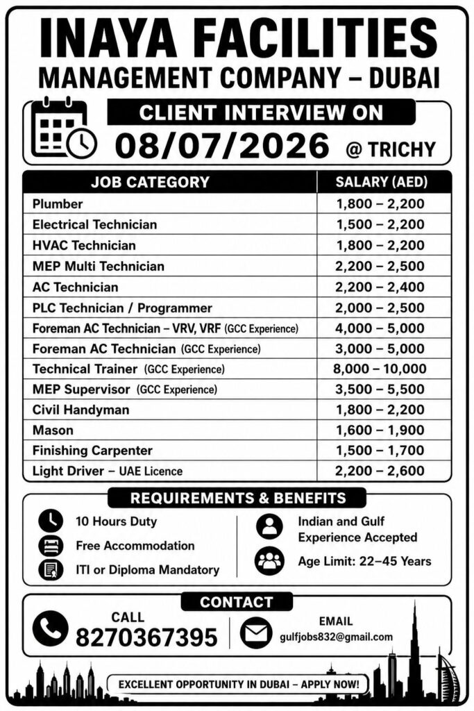 INAYA Facilities Management Company Dubai Recruitment 2026 – Client Interview on 08 July at Trichy 1 INAYA Facilities Management Company Dubai Recruitment 2026 – Client Interview on 08 July at Trichy