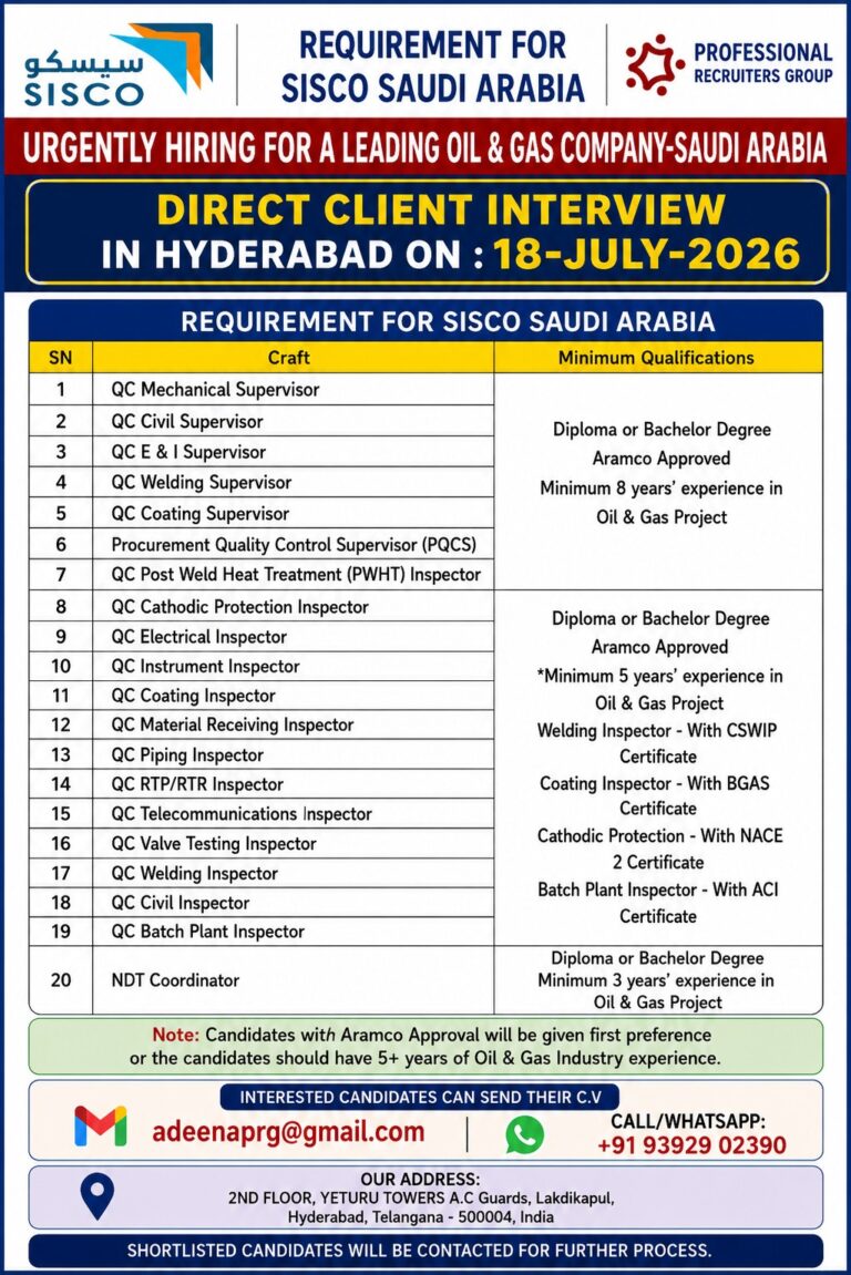 SISCO Saudi Arabia Oil & Gas Jobs 2026 | Direct Client Interview in Hyderabad on 18 July