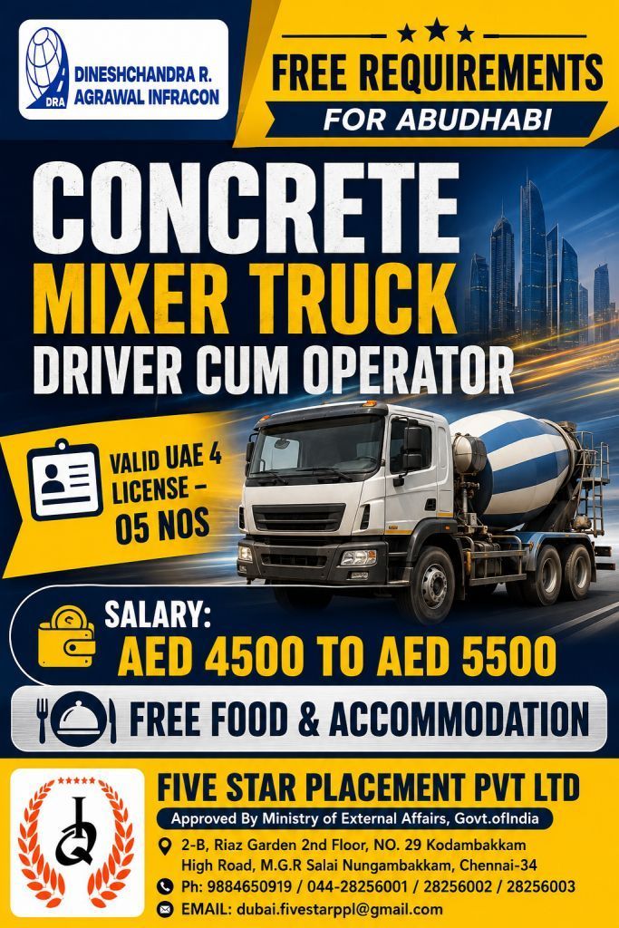 Concrete Mixer Truck Driver Cum Operator Jobs in Abu Dhabi – Free Recruitment | Salary Up to AED 5,500
