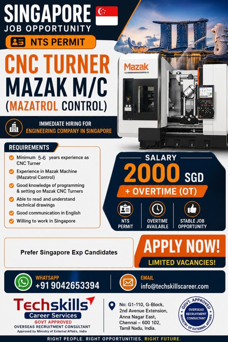 CNC Turner (Mazak M/C) Jobs in Singapore 2026 | NTS Permit | Immediate Hiring