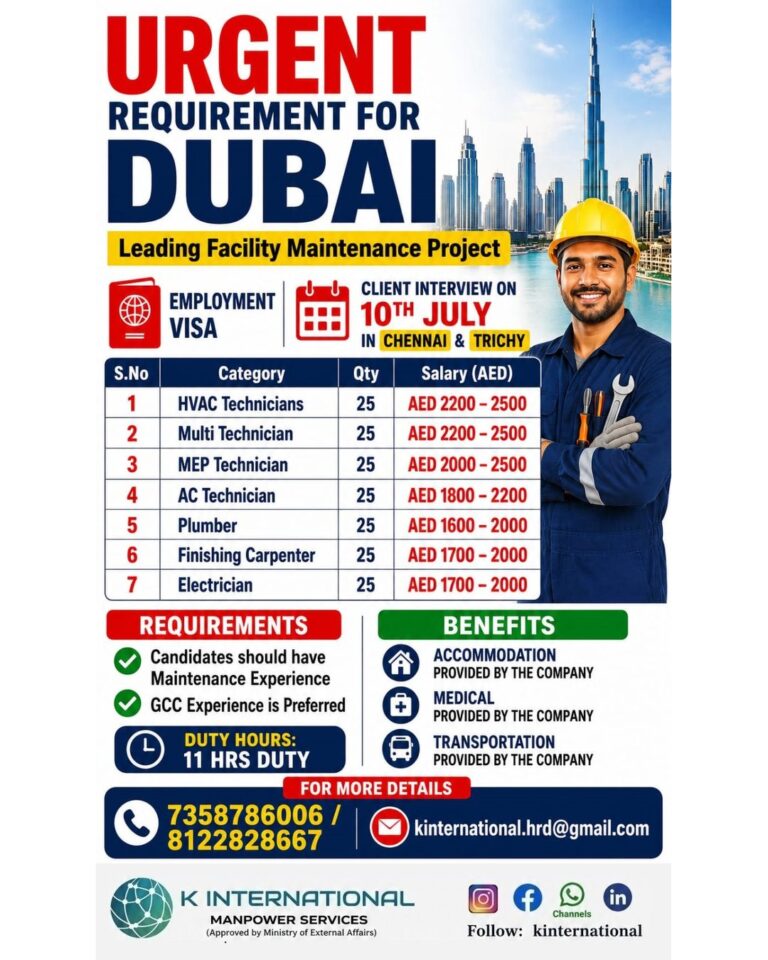 Urgent Facility Maintenance Jobs in Dubai 2026 – Client Interview on 10th July in Chennai & Trichy