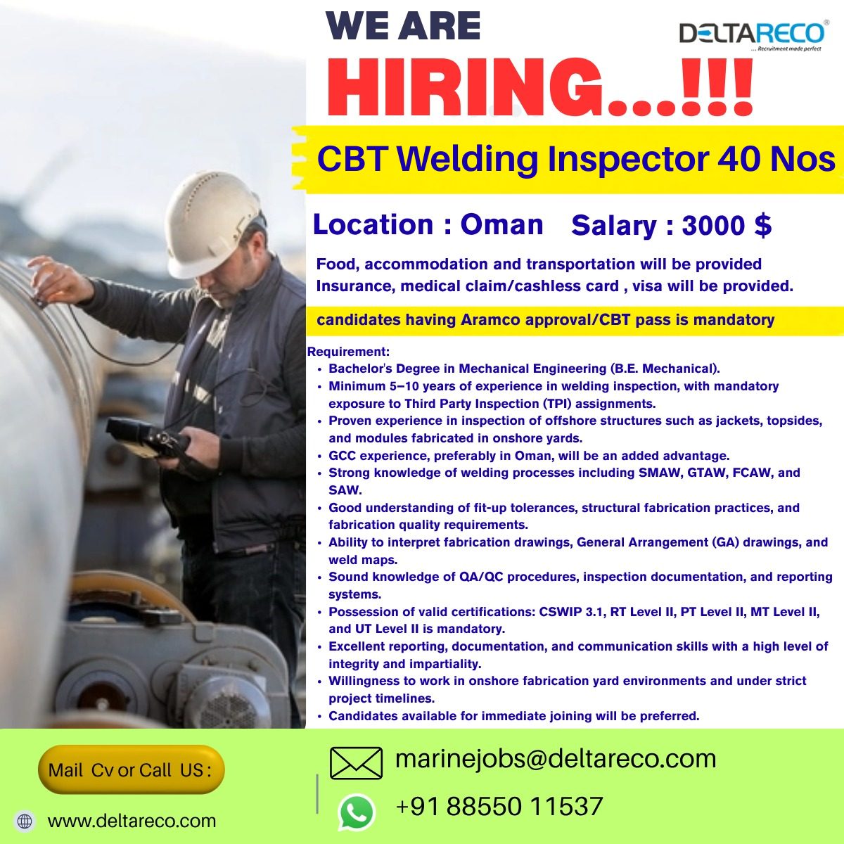 CBT Welding Inspector Jobs in Oman 2026 – 40 Vacancies | Salary $3000