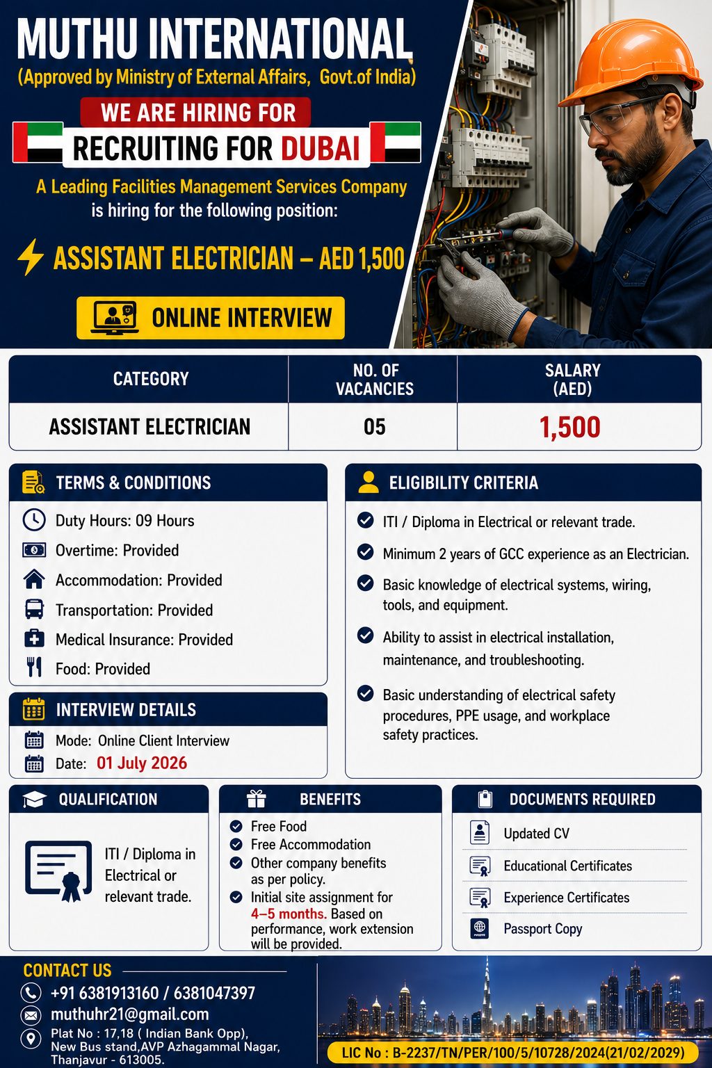 Assistant Electrician Jobs in Dubai 2026 | Online Interview | Apply Now