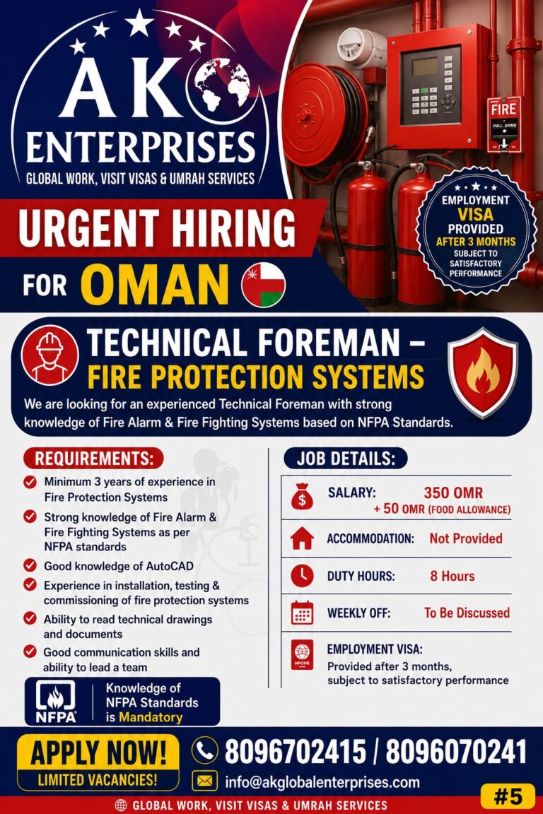 Technical Foreman – Fire Protection Systems Jobs in Oman | Apply Now