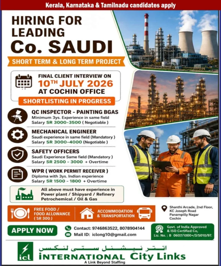 Leading Company Saudi Recruitment 2026 – Client Interview on 10th July at Cochin Office