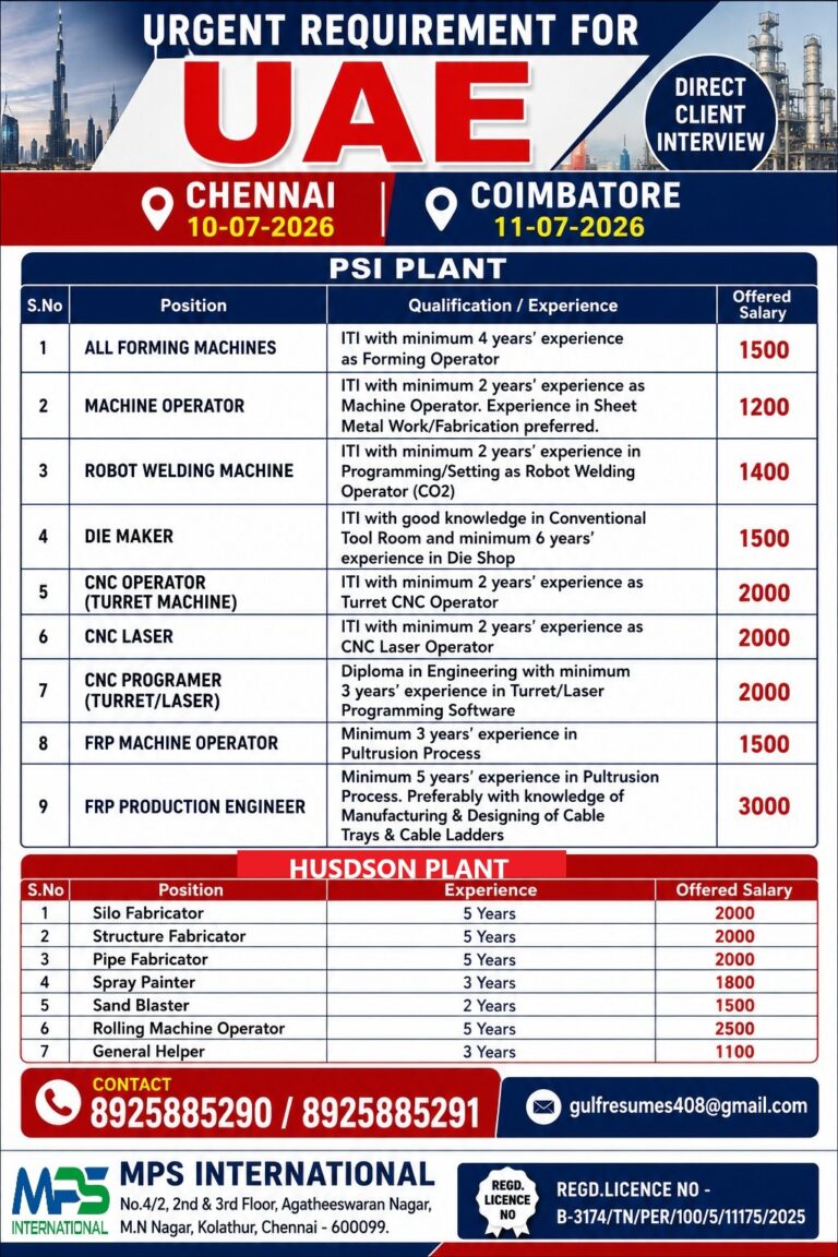 UAE Jobs 2026 – Direct Client Interview for PSI Plant & Hudson Plant