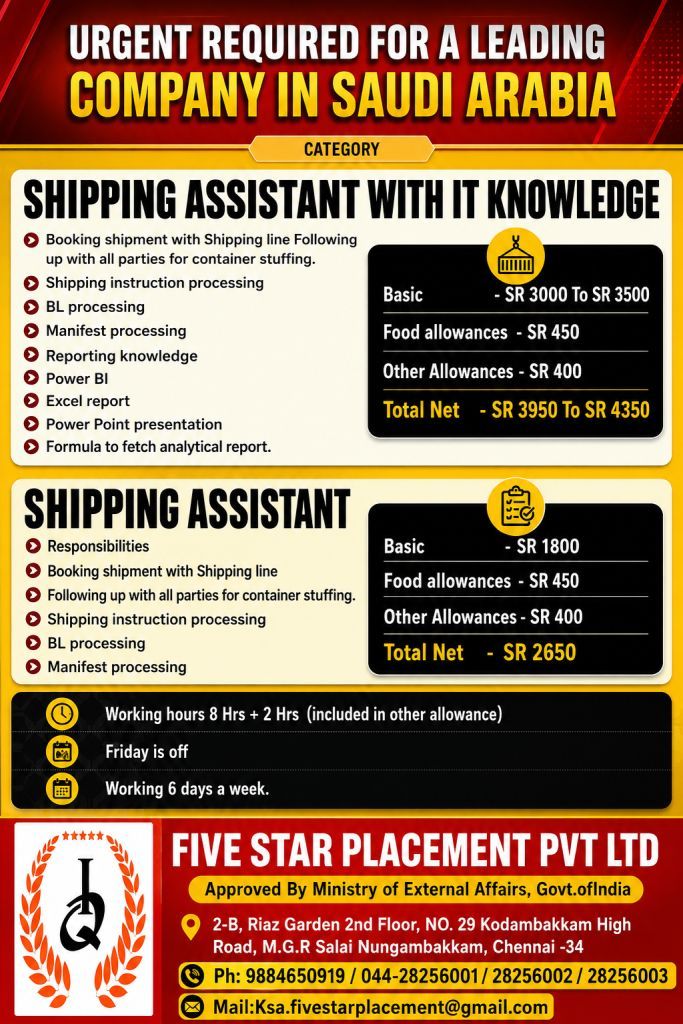 Shipping Assistant Jobs in Saudi Arabia 2026 – Apply Now | Five Star Placement Pvt Ltd