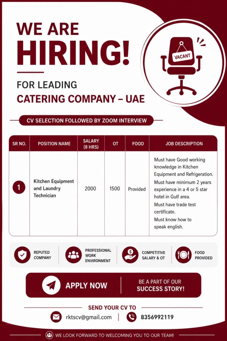Kitchen Equipment & Laundry Technician Jobs in UAE – Leading Catering Company | Apply Now