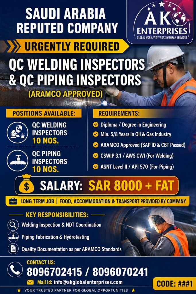 Saudi Arabia Reputed Company Hiring QC Welding Inspectors & QC Piping Inspectors – Aramco Approved
