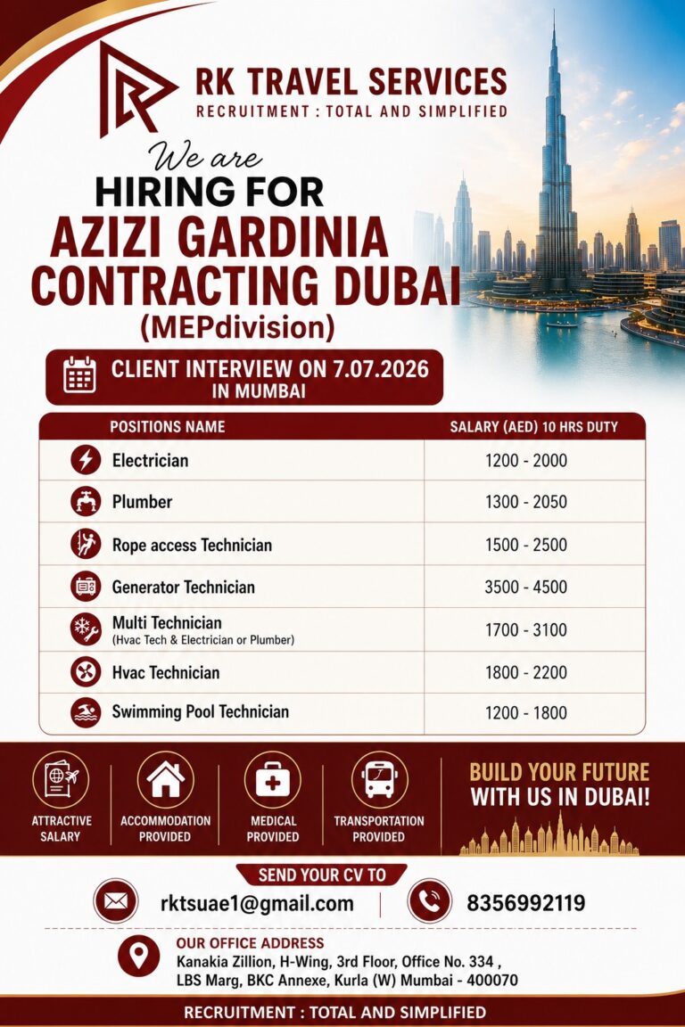 Azizi Gardinia Contracting Dubai MEP Division Jobs 2026 – Client Interview on 7 July in Mumbai