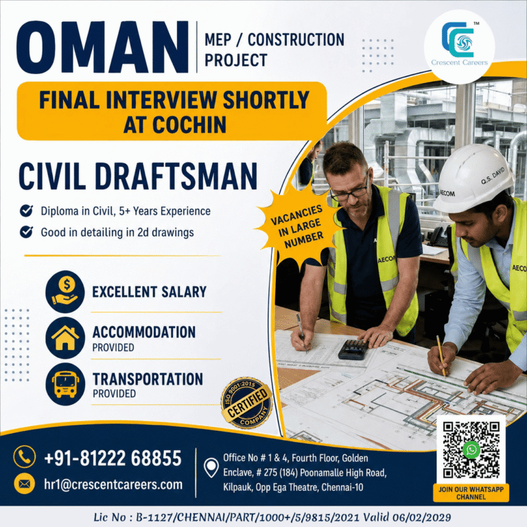 Civil Draftsman Jobs in Oman – Final Interview Shortly at Cochin