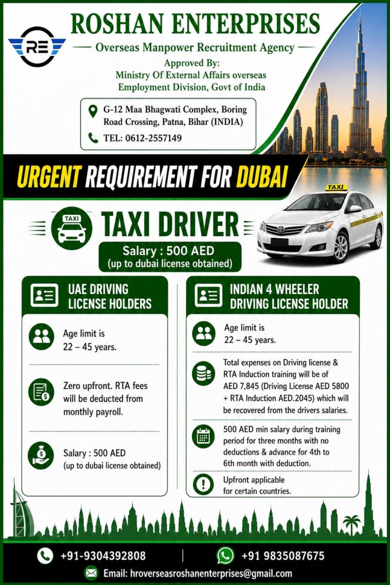 Taxi Driver Jobs in Dubai 2026 – Apply Through Roshan Enterprises
