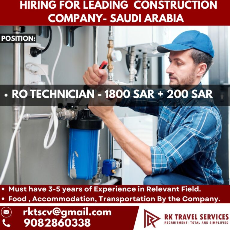 RO Technician Job Vacancy in Saudi Arabia | Free Food, Accommodation & Transportation