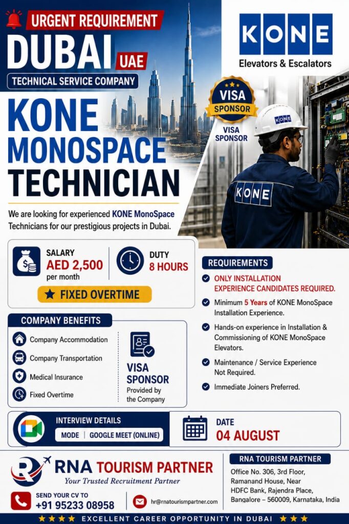 KONE MonoSpace Technician Jobs in Dubai, UAE – Online Interview | Visa Sponsored