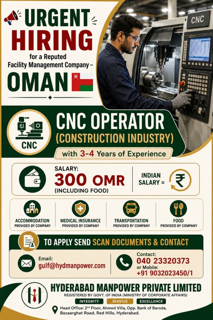 CNC Operator Jobs in Oman 2026 | Facility Management Company | Apply Now