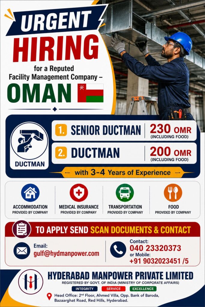 Senior Ductman & Ductman Jobs in Oman 2026 | Apply Now 1 Senior Ductman & Ductman Jobs in Oman 2026 | Apply Now