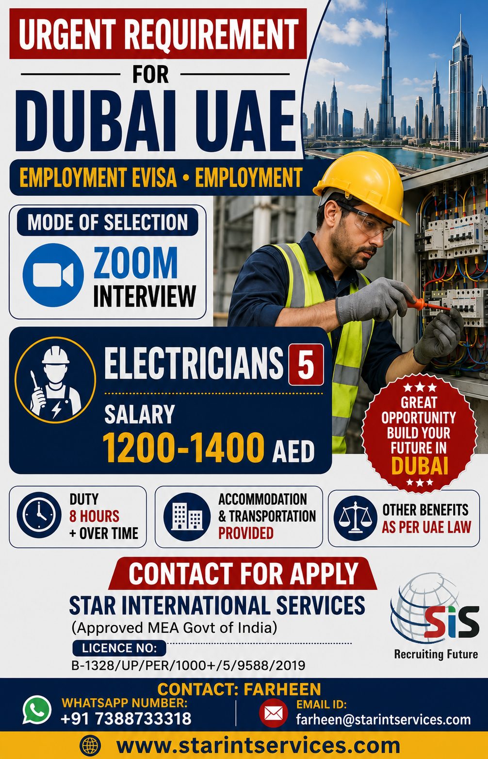 Electrician Jobs in Dubai, UAE | Zoom Interview | Salary AED 1,200–1,400