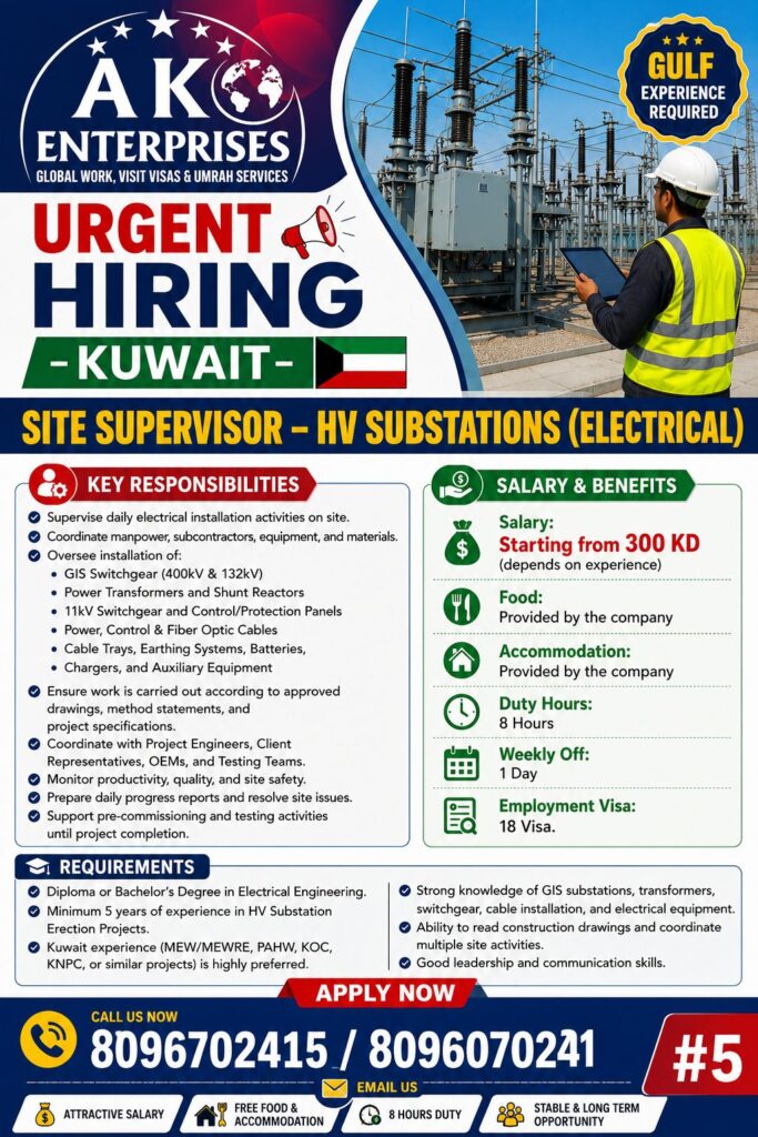 Site Supervisor – HV Substations (Electrical) Jobs in Kuwait | Apply Now