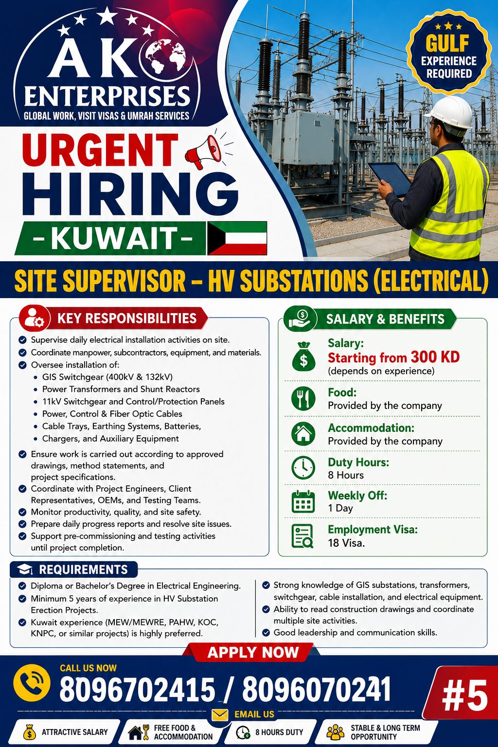 Site Supervisor – HV Substations (Electrical) Jobs in Kuwait | Apply Now