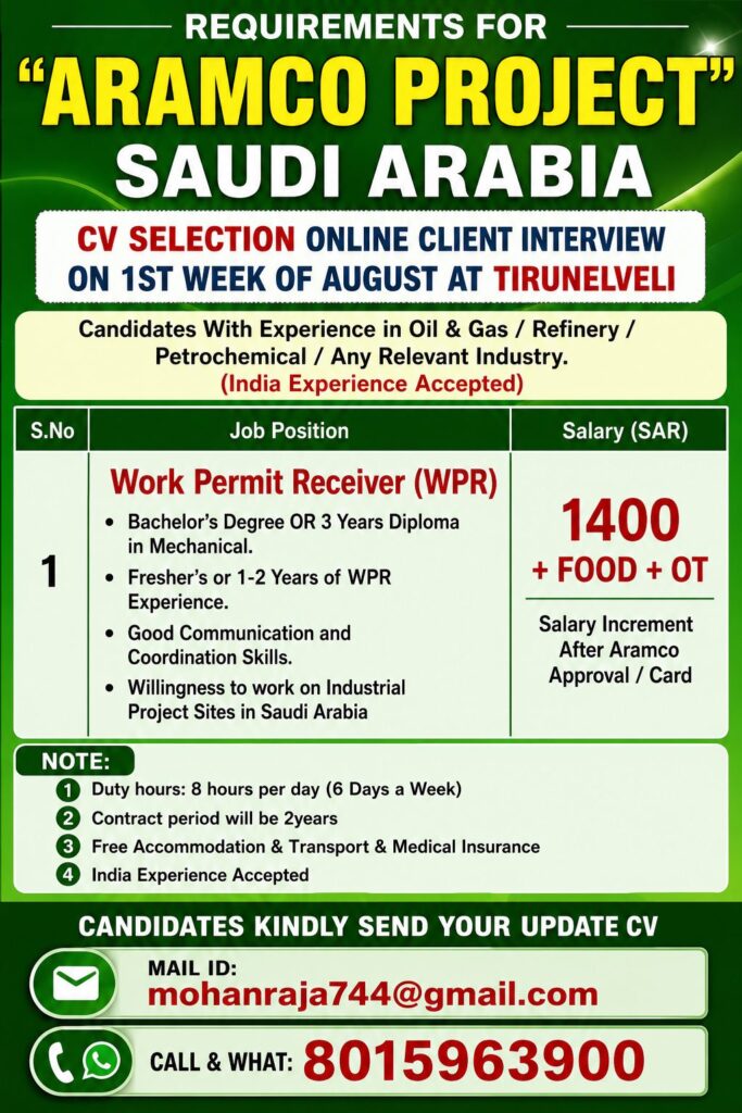 Work Permit Receiver (WPR) Jobs in Saudi Arabia – Aramco Project | Online Client Interview