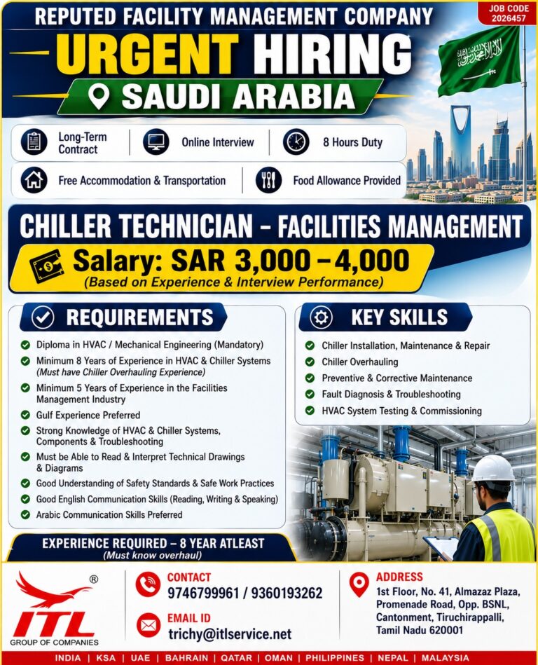 Chiller Technician – Facilities Management Jobs in Saudi Arabia | Apply Now