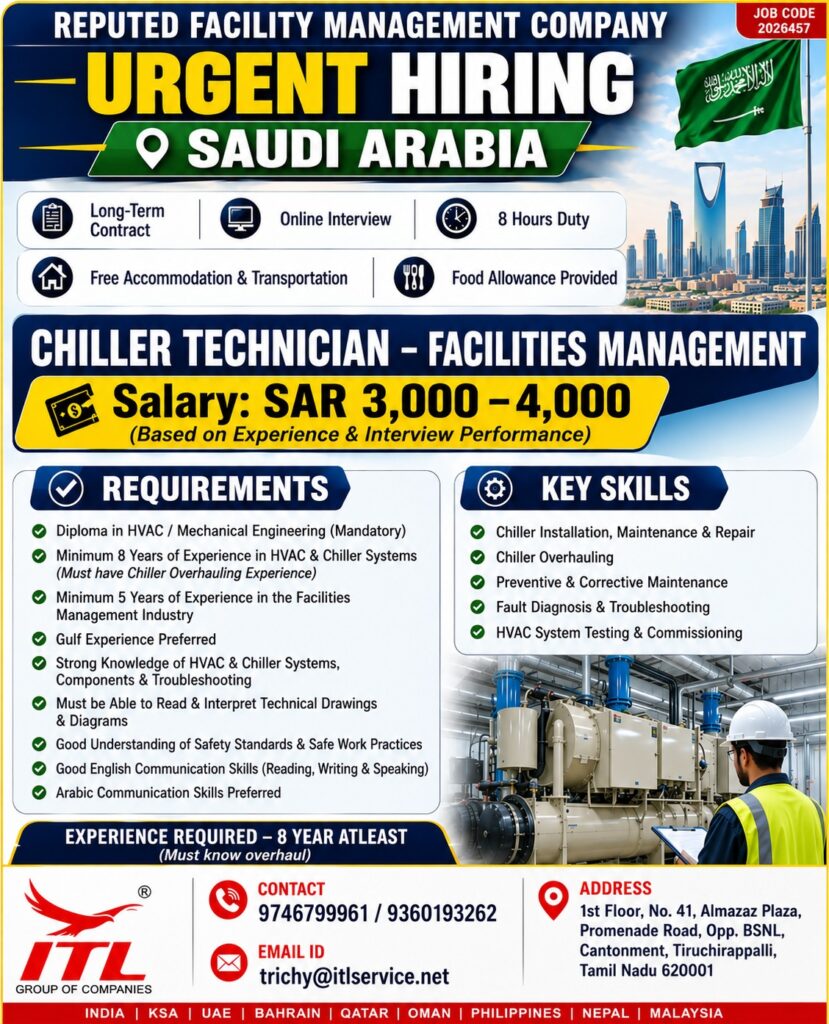 Chiller Technician – Facilities Management Jobs in Saudi Arabia | Apply Now