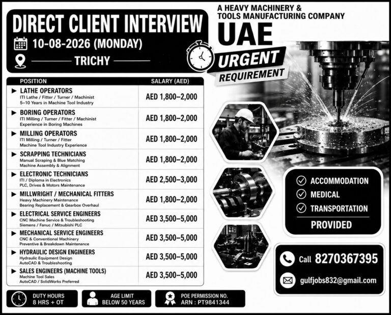 UAE Heavy Machinery & Tools Manufacturing Company Hiring – Direct Client Interview in Trichy