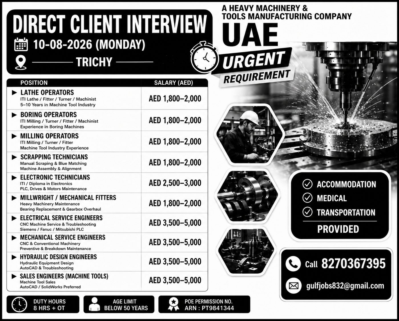 UAE Heavy Machinery & Tools Manufacturing Company Hiring – Direct Client Interview in Trichy
