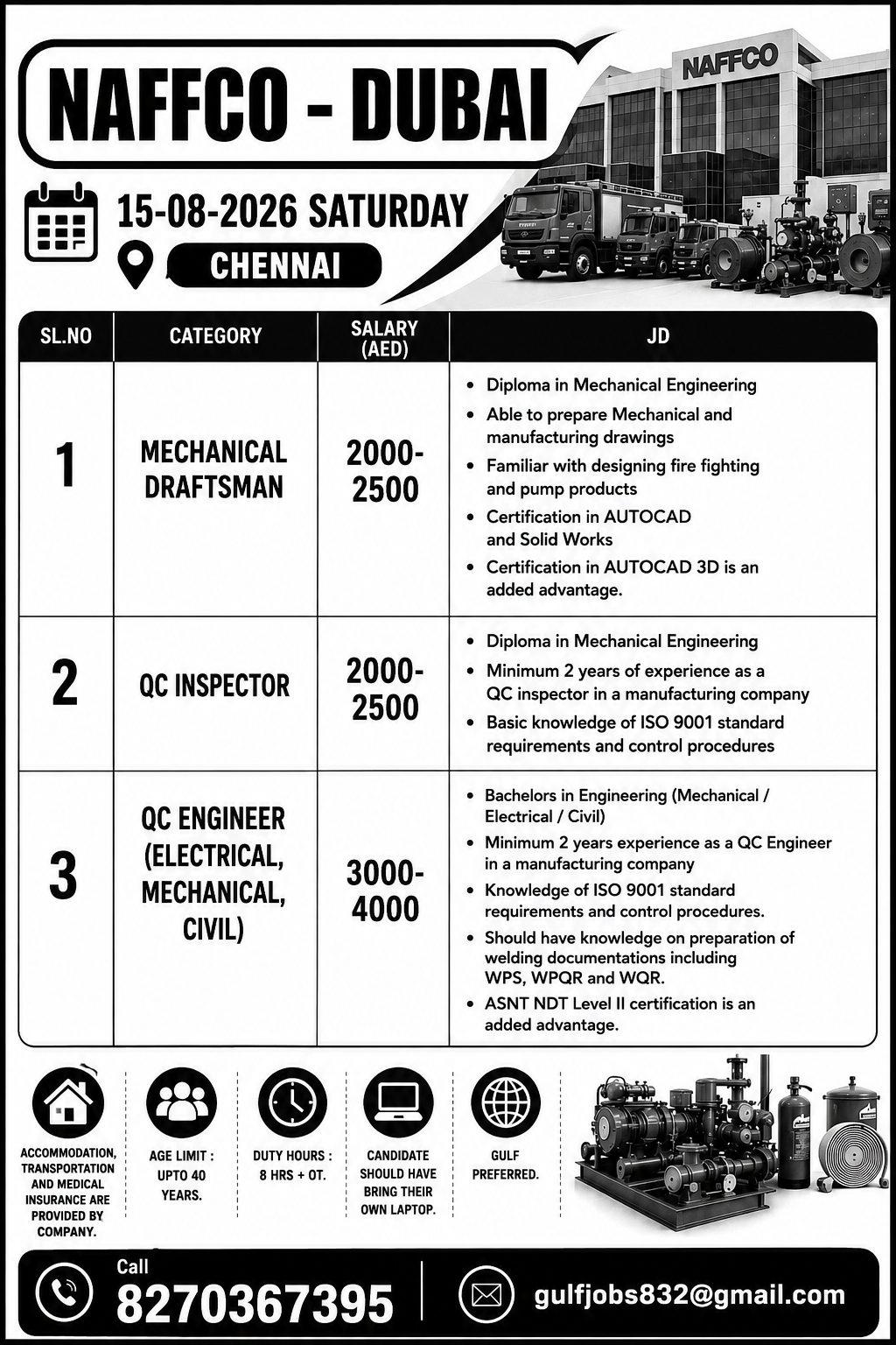 NAFFCO Dubai Recruitment 2026 – Chennai Interview | Mechanical Draftsman, QC Inspector & QC Engineer Jobs