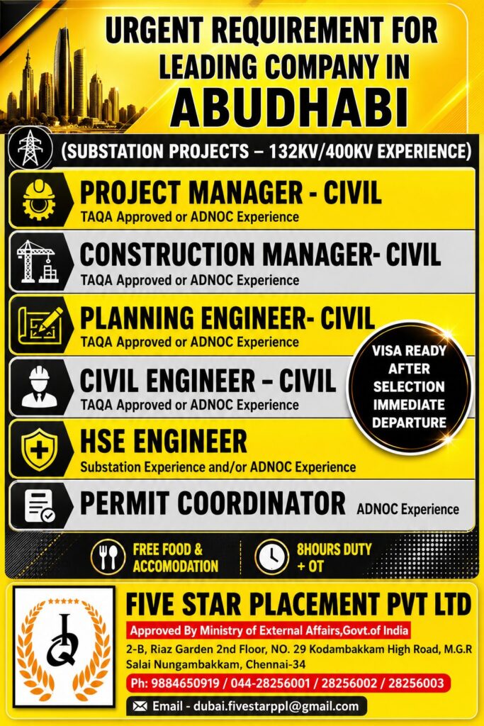 Abu Dhabi Substation Project Jobs 2026 – Urgent Civil & HSE Vacancies | Apply Now